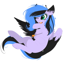 Size: 2449x2449 | Tagged: safe, artist:mediasmile666, derpibooru import, oc, oc only, pegasus, pony, chest fluff, colored ears, female, flying, high res, jewelry, mare, pendant, simple background, smiling, solo, transparent background, two toned wings, wings