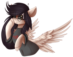 Size: 2768x2167 | Tagged: safe, artist:mediasmile666, derpibooru import, oc, oc only, pegasus, pony, boop, bust, clothes, commission, ears, eye clipping through hair, female, floppy ears, glasses, high res, mare, self-boop, shirt, simple background, solo, spread wings, t-shirt, transparent background, wings