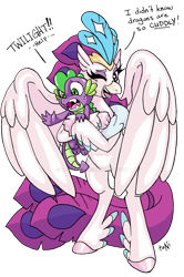 Size: 800x1206 | Tagged: safe, artist:tanichan, derpibooru import, queen novo, spike, classical hippogriff, dragon, hippogriff, my little pony: the movie, beak, colored pupils, crown, cute, deviantart watermark, dialogue, eyelashes, feather, female, green eyes, hape, hug, jewelry, male, novobetes, obtrusive watermark, one eye closed, open mouth, personal space invasion, purple eyes, regalia, simple background, smiling, tail, transparent background, watermark, wings, wink