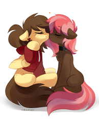 Size: 1400x1800 | Tagged: safe, artist:zlatavector, derpibooru import, oc, oc only, oc:retro hearts, oc:scarlet trace (coffee bean), earth pony, pegasus, pony, female, kissing, lesbian, mare