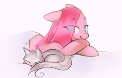 Size: 2048x1312 | Tagged: safe, artist:mirroredsea, derpibooru import, pinkie pie, earth pony, pony, wolf, colored pupils, cub, cute, cuteamena, eye clipping through hair, female, lidded eyes, lying down, mare, pinkamena diane pie, prone, sheet, simple background, sleeping, smiling, white background