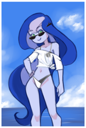 Size: 980x1460 | Tagged: safe, artist:drantyno, derpibooru import, princess luna, vice principal luna, equestria girls, adorasexy, beach, bikini, breasts, clothes, cute, delicious flat chest, hand on hip, legs, looking at you, midriff, ocean, sexy, sky, small breasts, smiling, smiling at you, solo, sunglasses, swimsuit