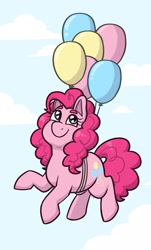 Size: 1233x2048 | Tagged: safe, artist:verikoira, derpibooru import, pinkie pie, earth pony, pony, balloon, female, floating, mare, solo, then watch her balloons lift her up to the sky