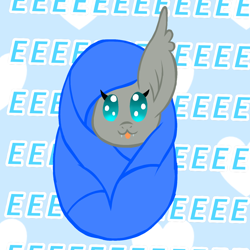 Size: 1378x1378 | Tagged: safe, artist:chubbehbunneh16, derpibooru import, oc, oc only, bat pony, :p, baby eyes, bat pony oc, blanket, cute, eeee, female, filly, foal, newborn filly, simple background, tongue, tongue out