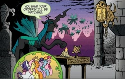 Size: 936x592 | Tagged: safe, artist:andypriceart, derpibooru import, idw, applejack, fluttershy, pinkie pie, queen chrysalis, rainbow dash, rarity, twilight sparkle, changeling, pony, the return of queen chrysalis, spoiler:comic, candle, crystal ball, eyes closed, movie reference, speech bubble, the wizard of oz