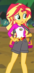 Size: 227x478 | Tagged: safe, derpibooru import, screencap, sunset shimmer, equestria girls, legend of everfree, clothes, cropped, hand on hip, shorts, solo
