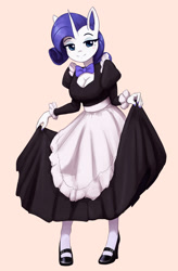 Size: 1500x2287 | Tagged: safe, artist:mrscroup, derpibooru import, rarity, anthro, plantigrade anthro, unicorn, big breasts, bowtie, breasts, cleavage, clothes, curtsey, dress, eyeshadow, female, high heels, looking at you, maid, makeup, mare, nail polish, shoes, simple background, solo