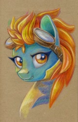 Size: 639x1000 | Tagged: safe, artist:maytee, derpibooru import, lightning dust, pegasus, pony, bust, clothes, colored pencil drawing, goggles, portrait, solo, traditional art, uniform, wonderbolt trainee uniform