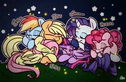 Size: 2848x1864 | Tagged: safe, artist:lou, derpibooru import, applejack, fluttershy, pinkie pie, rainbow dash, rarity, twilight sparkle, twilight sparkle (alicorn), alicorn, earth pony, pony, unicorn, cute, dork, eyes closed, female, lidded eyes, mane six, mare, onomatopoeia, sleeping, smiling, sound effects, zzz