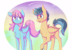 Size: 5905x4133 | Tagged: safe, artist:livzkat, derpibooru import, oc, oc only, oc:dipper, oc:walshy, pegasus, pony, chest fluff, grass, sunset