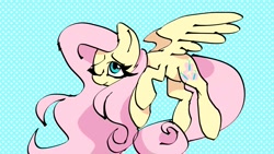 Size: 2048x1152 | Tagged: safe, artist:wutanimations, derpibooru import, fluttershy, pegasus, flying, one eye closed, pattern, simple background, solo