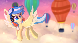 Size: 5672x3141 | Tagged: safe, artist:windykirin, derpibooru import, oc, oc:easy breezy, pegasus, pony, absurd resolution, cloud, female, flying, goggles, hot air balloon, solo, sunset, wings