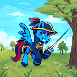 Size: 900x900 | Tagged: safe, artist:hikkage, derpibooru import, oc, oc only, oc:andrew swiftwing, pegasus, pony, tricorn, animated, clothes, coat, feather, flying, gif, grass, grin, hat, male, pixel art, rapier, sailor, smiling, stallion, swashbuckler, sword, tree, tricorne, weapon, wings