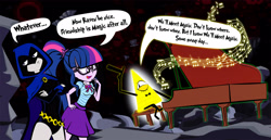 Size: 3631x1875 | Tagged: safe, artist:dan232323, derpibooru import, sci-twi, twilight sparkle, human, equestria girls, bill cipher, crossover, female, gravity falls, high res, music, musical instrument, piano, raven (teen titans), singing, teen titans, voice actor joke