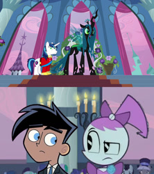 Size: 1280x1440 | Tagged: safe, derpibooru import, edit, edited screencap, screencap, queen chrysalis, shining armor, changeling, changeling queen, human, a canterlot wedding, confused, crossover, crowd, danny fenton, danny phantom, female, green eyes, hypnosis, hypnotized, jenny wakeman, looking at each other, my life as a teenage robot, reaction