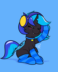 Size: 1710x2106 | Tagged: safe, artist:lilpinkghost, derpibooru import, oc, oc:♪, changeling, blue changeling, blushing, clothes, collar, commission, eyes closed, headphones, sitting, socks, solo, striped socks