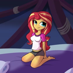 Size: 3795x3795 | Tagged: safe, artist:tjpones, derpibooru import, sunset shimmer, equestria girls, barefoot, bed, breasts, camp everfree outfits, feet, female, high res, kneeling, smiling, solo, sunset jiggler