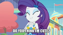 Size: 800x450 | Tagged: safe, derpibooru import, edit, edited screencap, screencap, rarity, better together, equestria girls, rollercoaster of friendship, ^^, bracelet, caption, clothes, cute, cutie mark, cutie mark on clothes, daaaaaaaaaaaw, equestria land, eyes closed, female, hairpin, hnnng, image macro, imgflip, jewelry, raribetes, rarity peplum dress, smiling, solo, text