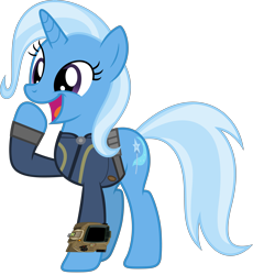 Size: 4597x5000 | Tagged: safe, artist:dashiesparkle, artist:ponygamer2020, derpibooru import, trixie, pony, unicorn, fallout equestria, uncommon bond, absurd resolution, clothes, cute, diatrixes, fallout, female, happy, jumpsuit, mare, pipboy, simple background, solo, transparent background, vault suit, vector