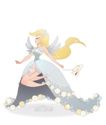 Size: 719x850 | Tagged: safe, artist:flying-fox, derpibooru import, derpy hooves, human, blonde, blonde hair, clothes, dress, envelope, eyes closed, female, formal wear, gown, grand galloping gala, humanized, solo, solo female, winged humanization, wings