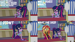 Size: 2000x1125 | Tagged: safe, derpibooru import, edit, edited screencap, editor:quoterific, screencap, flam, sci-twi, sunset shimmer, twilight sparkle, better together, equestria girls, rollercoaster of friendship, book, bowtie, clothes, cute, cutie mark, cutie mark on clothes, faceless male, female, geode of empathy, geode of telekinesis, glasses, jacket, jewelry, leather, leather jacket, magical geodes, male, necklace, offscreen character, open mouth, ponytail, smiling, smuglight sparkle, twiabetes