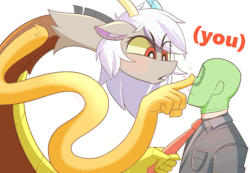Size: 1331x921 | Tagged: safe, artist:nignogs, discord, eris, oc, oc:anon, draconequus, human, (you), animated, blushing, boop, elastic, female, gif, looking at each other, male, noseboop, open mouth, pointing, pulling, reversed gender roles equestria, reversed gender roles equestria general, rule 63, simple background, white background