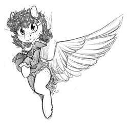 Size: 1602x1544 | Tagged: safe, artist:whydomenhavenipples, oc, oc only, oc:aurora jetstream, pegasus, pony, butt freckles, clothes, eye clipping through hair, female, flying, freckles, jacket, looking at you, mare, monochrome, simple background, sketch, smiling, solo, spread wings, white background, wings