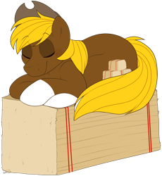Size: 1693x1839 | Tagged: safe, artist:2k.bugbytes, oc, oc only, oc:acres, earth pony, pony, blonde, blonde mane, blonde tail, brown coat, cowboy hat, crossed hooves, eyes closed, hay bale, male, prone, simple background, sleeping, solo, stallion, transparent background