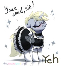 Size: 700x733 | Tagged: safe, artist:beautifulspaceshow, derpibooru import, derpy hooves, alicorn, pegasus, pony, alicornified, blushing, choker, clothes, cute, derpabetes, derpicorn, dress, eyes closed, female, gloves, maid, mare, race swap, simple background, skirt, socks, stockings, thigh highs, white background, ych example, your character here