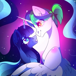 Size: 1080x1078 | Tagged: safe, artist:tessa_key_, derpibooru import, princess celestia, princess luna, alicorn, pony, bust, duo, eyelashes, female, horn, horns are touching, mare, royal sisters, siblings, signature, sisters, smiling, wings