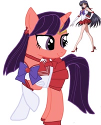 Size: 1080x1339 | Tagged: safe, artist:ponyrefaa, derpibooru import, human, pony, unicorn, clothes, crossover, duo, eyelashes, female, gloves, high heels, long gloves, looking back, mare, ponified, sailor mars, sailor moon, shoes, simple background, skirt, smiling, white background