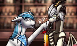Size: 2550x1539 | Tagged: safe, artist:wwredgrave, derpibooru import, oc, oc only, oc:danico, oc:snowflake, draconequus, unicorn, bar counter, boop, cocktail, cyrillic, hooves, horn, russian, wings