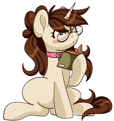 Size: 1382x1473 | Tagged: safe, artist:beashay, derpibooru import, oc, oc:brittney, pony, unicorn, blushing, book, collar, glasses, long hair, ponysona, reading, sitting, solo