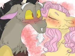 Size: 1080x809 | Tagged: safe, artist:cocolove2176, derpibooru import, discord, fluttershy, draconequus, pegasus, pony, abstract background, blushing, bust, chest fluff, colored hooves, discoshy, eyes closed, female, kissing, male, mare, shipping, straight, wide eyes