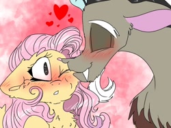 Size: 1080x808 | Tagged: safe, artist:cocolove2176, derpibooru import, discord, fluttershy, draconequus, pegasus, pony, abstract background, blushing, bust, chest fluff, discoshy, eyes closed, female, heart, kissing, male, mare, one eye closed, shipping, straight, wide eyes, wink