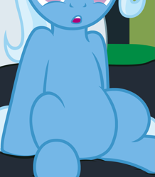 Size: 1377x1576 | Tagged: safe, artist:badumsquish-edits, derpibooru import, edit, trixie, pony, unicorn, bed, belly, chubby, cropped, featureless crotch, open mouth, pictures of bellies, sitting, solo