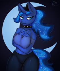 Size: 2700x3200 | Tagged: safe, artist:kooriki, derpibooru import, princess luna, alicorn, anthro, pony, bedroom eyes, breasts, clothes, collar, cosplay, costume, crown, digital art, female, high res, horn, jewelry, loona (helluva boss), mare, nameplay, pants, princess balloona, regalia, shirt, solo, solo female, spiked collar, tail, thighs, wide hips