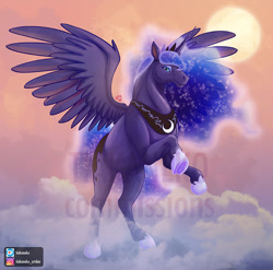 Size: 900x889 | Tagged: safe, artist:tiakaneko, derpibooru import, princess luna, alicorn, pony, cloud, collar, commission, crown, digital art, female, flying, hoers, hooves, horn, jewelry, looking at you, mare, moon, night, obtrusive watermark, on a cloud, rearing, regalia, solo, spread wings, tail, watermark, wings