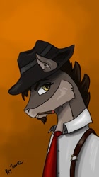 Size: 603x1080 | Tagged: safe, artist:terr@koterr@, derpibooru import, oc, earth pony, beard, cigarette, clothes, facial hair, fedora, hat, looking at you, necktie, shirt, simple background, smoking, suspenders