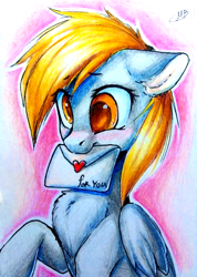 Size: 576x807 | Tagged: safe, artist:megabait, derpibooru import, derpy hooves, pony, delivery, female, mail, traditional art