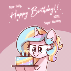 Size: 1000x1000 | Tagged: safe, artist:sugar morning, derpibooru import, oc, oc only, oc:oofy colorful, pony, :d, animated, birthday, blowing, bust, cake, candle, confused, cute, ears, eyes closed, floppy ears, food, frown, gif, happy, happy birthday, ocbetes, open mouth, raised eyebrow, smiling, solo, text