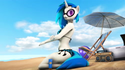 Size: 3840x2160 | Tagged: safe, artist:gr-vinyl-scratch, derpibooru import, dj pon-3, vinyl scratch, anthro, 3d, beach, beach ball, beach chair, high res, source filmmaker