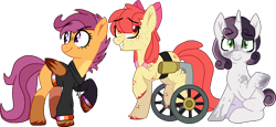 Size: 1085x497 | Tagged: safe, artist:rickysocks, derpibooru import, apple bloom, scootaloo, sweetie belle, pony, alternate design, cutie mark crusaders, older, simple background, transparent background, wheelchair