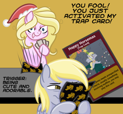 Size: 1800x1680 | Tagged: safe, artist:redpalette, derpibooru import, screencap, derpy hooves, oc, oc:chuckles, earth pony, pegasus, pony, /mlp/, /ss/, card, christmas, dialogue, hat, holiday, santa hat, slam, squint, table, trap card