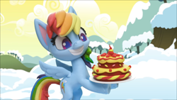 Size: 1920x1080 | Tagged: safe, derpibooru import, screencap, rainbow dash, pony, ice and slice, my little pony: stop motion short, cake, food, solo, stop motion