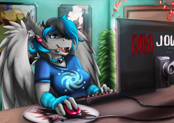 Size: 1750x1237 | Tagged: safe, artist:jamescorck, oc, oc only, anthro, bat pony, bat pony oc, female, fingerless gloves, gamer, headset, large wings, monitor, open mouth, solo