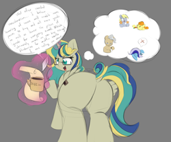 Size: 2158x1790 | Tagged: safe, artist:taurson, derpibooru import, carrot top, derpy hooves, golden harvest, mayor mare, minuette, oc, oc:queen fresh care, alicorn, earth pony, pegasus, pony, unicorn, adorable face, alicorn oc, butt, coffee, coffee mug, commissioner:bigonionbean, cute, dialogue, extra thicc, feather, female, flank, fusion, fusion:queen fresh care, glasses, horn, large butt, magic, mare, mug, passed out, plot, royalty, scroll, speech bubble, thicc ass, thought bubble, wings, writer:bigonionbean