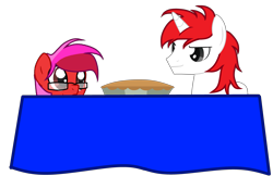 Size: 5141x3322 | Tagged: safe, artist:ngthanhphong, derpibooru import, oc, oc only, oc:atlas, oc:ruby star, earth pony, unicorn, apple, apple pie, food, glasses, pie, table