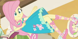 Size: 3736x1920 | Tagged: safe, derpibooru import, screencap, angel bunny, fluttershy, better together, do it for the ponygram!, equestria girls, book, clothes, cute, cutie mark, cutie mark on clothes, female, fluttershy's bedroom, geode of fauna, jewelry, magical geodes, male, necklace, sandals, shyabetes, solo focus