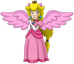 Size: 2544x2220 | Tagged: safe, artist:famousmari5, derpibooru import, human, equestria girls, barely eqg related, clothes, crossover, crown, dress, ear piercing, earring, gloves, gown, jewelry, lips, lipstick, long gloves, long hair, makeup, nintendo, pegasus wings, piercing, pink wings, ponied up, pony ears, ponytail, princess dress, princess peach, regalia, super mario bros., wings